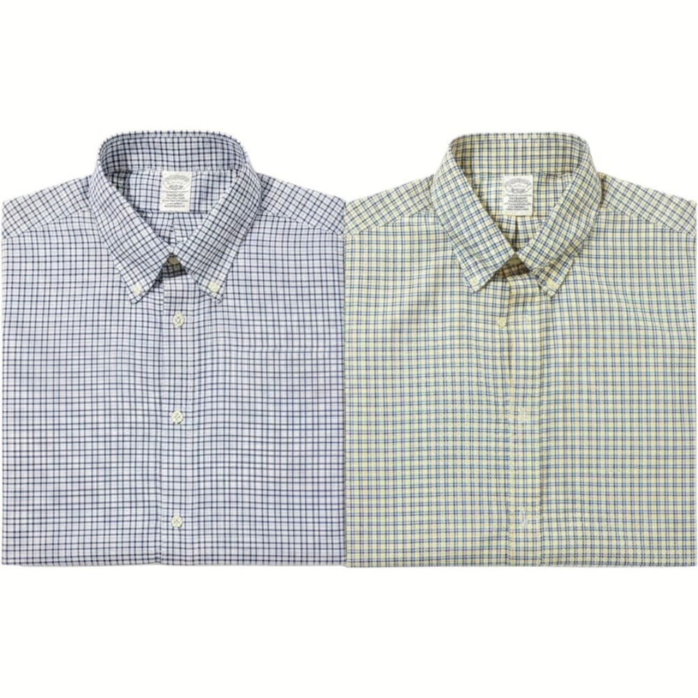 Brooks Brothers Button Down Shirt Men 17-34 Blue Plaid Non-Iron Stretch Lt 2 New